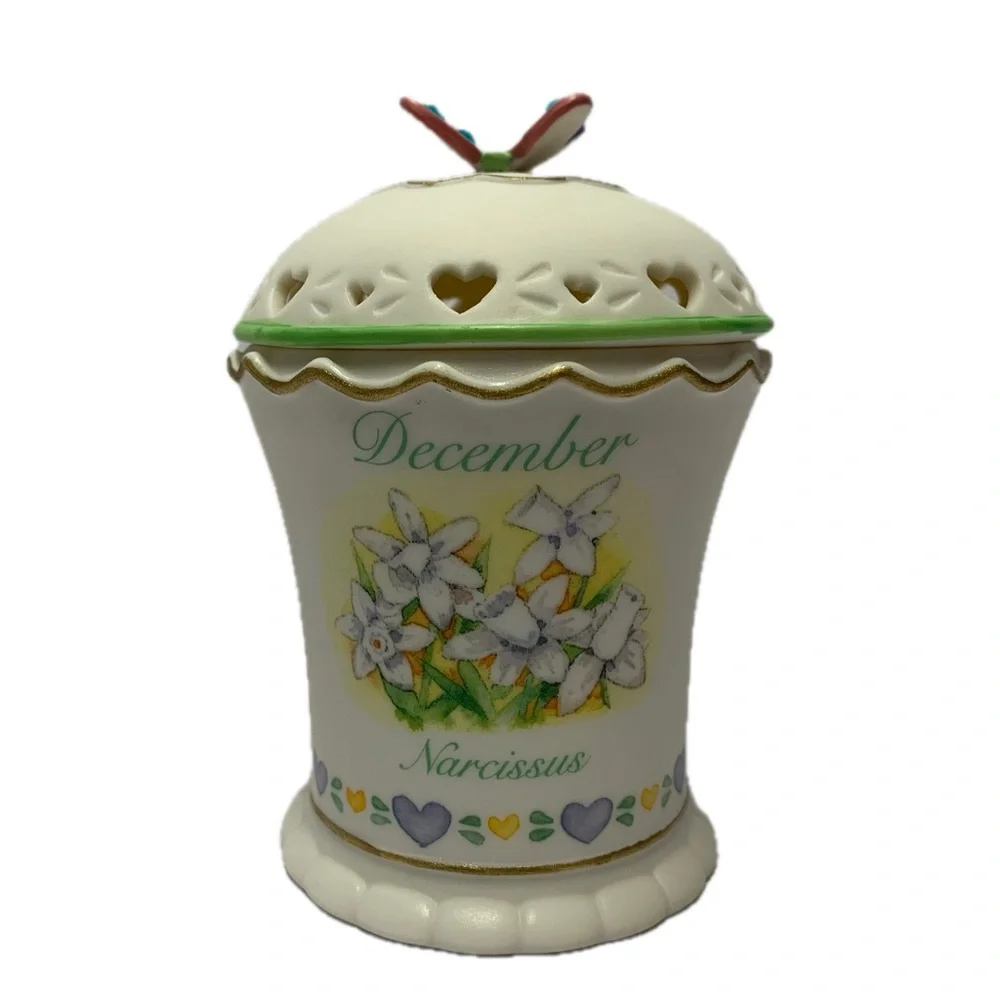 Vintage Avon December Narcissus Birth Flower Ceramic Candle Jar Butterfly Lid
